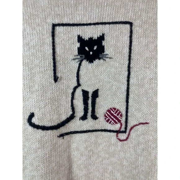VTG Y2K Christopher & Banks Cat Sweater Women's Large Ivory Ramie Cotton - Picture 2 of 14